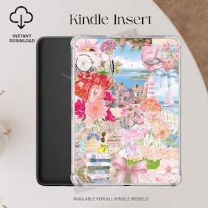 May include: A Kindle case with a colorful floral design. The case features a collage of pink flowers, strawberries, a bicycle, a lighthouse, and the text "Kindle Insert". The words "Instant Download" and "Available for all Kindle models" are also visible.