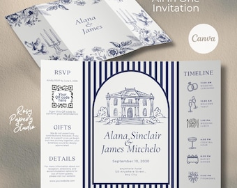 Navy Trifold Wedding Invitation Template | 2 Sided Editable Canva Folded Elegant Wedding Gatefold Invitation Old Money Aesthetic RSVP card