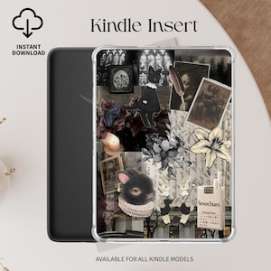 May include: Kindle Insert with a collage design featuring a black cat, rabbit, and floral elements. The design includes vintage-style illustrations and the text "Kindle Insert" and "Instant Download". Available for all Kindle models.