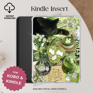 May include: A clear Kindle insert with a collage design featuring a black cat, matcha drinks, and Totoro characters. The insert is labeled "Kindle Insert" and includes the text "Instant Download" and "For Kobo & Kindle."