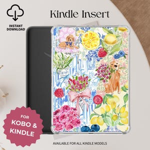 以下が含まれることがあります： カラフルな花柄と犬のデザインが施された、透明なKindle Insertケース。レモン、ベリー、花のイラストが特徴です。「Kindle Insert」と「Instant Download」の文字が見えます。KoboとKindleモデル向けに設計されています。