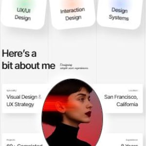 May include: A website landing page for a designer named Sophia Harper, featuring a white background with black text, a circular portrait of a person, and colorful UI cards for UX/UI design, interaction design, and design systems services.