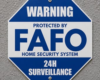 Op de afbeelding: Een achthoekig blauw en wit beveiligingsbord met de tekst WARNING, PROTECTED BY, FAFO, HOME SECURITY SYSTEM en 24H SURVEILLANCE. Het bord is bevestigd met twee zichtbare zilverkleurige schroeven in het midden aan de boven- en onderkant.