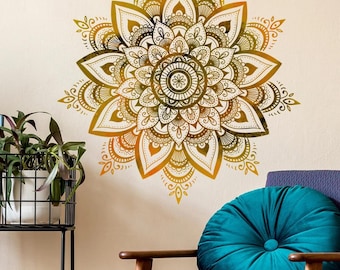 Large Golden Mandala Wall Decal, Lotus Flower Pattern (32" Inches)