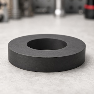 May include: A solid black, circular ring-shaped object with a flat top and bottom surface. The item features a smooth, matte texture and a central circular opening, presenting a uniform dark appearance throughout its entire physical structure.