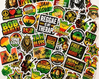 50 st Reggae-klistermärken | Rastafari Jamaica-musik vinyldekaler för laptop, vattenflaska, gitarr, skateboard och bagage Bob Marley