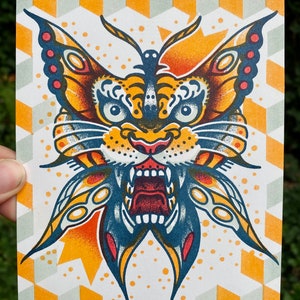 Tiger Butterfly 5x7 inch Risograph print, traditional tattoo flash style