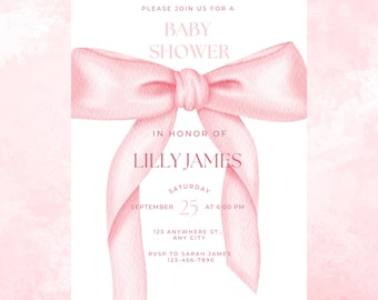 May include: A baby shower invitation with a watercolor-style pink bow and ribbon design. The invitation includes the text "Baby Shower" and details for Lilly James' shower, including the date, time, and RSVP information.