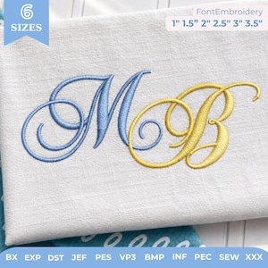 Puede incluir: Un diseño de bordado con las letras M y B en letra cursiva. La letra M es azul claro y la letra B es amarilla. El texto superior dice 6 SIZES y 1" 1.5" 2" 2.5" 3" 3.5". El texto inferior enumera los formatos BX, EXP, DST, JEF, PES, VP3, BMP, INF, PEC, SEW, XXX.