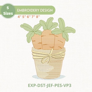 Puede incluir: Un diseño de bordado con tres zanahorias naranjas con hojas verdes en una cesta tejida atada con un lazo. El diseño está disponible en 5 tamaños: 10 cm, 13 cm, 15 cm, 18 cm y 20 cm. El texto "EMBROIDERY DESIGN" se muestra encima de los tamaños.