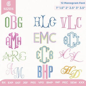 Puede incluir: Una visualización digital de 12 estilos de fuente de monograma en varios colores y diseños. El texto en la parte superior dice 12 Monogram Font 1" 1.5" 2" 2.5" 3" 3.5". El texto inferior enumera formatos de archivo como BX, EXP, DST, JEF, PES, VP3, BMP, INF, PEC, SEW, XXX.