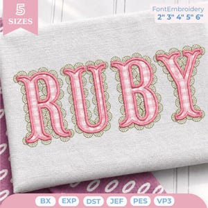 May include: An embroidery design featuring the name RUBY in pink and white gingham letters with a scalloped gold outline. The text 5 SIZES and FontEmbroidery 2 3 4 5 6 cm is visible. File formats include BX, EXP, DST, JEF, PES, and VP3.