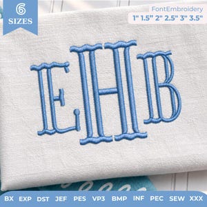 May include: A white fabric swatch featuring the blue embroidered monogram letters EHB. The text FontEmbroidery 1" 1.5" 2" 2.5" 3" 3.5" is visible in the corner. The bottom edge displays file formats BX, EXP, DST, JEF, PES, VP3, BMP, INF, PEC, SEW, XXX.