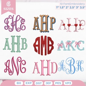May include: A digital collection of nine embroidery monogram designs featuring various fonts and styles, including letters with heart and bow accents. The text 6 SIZES and 10 FontEmbroidery 1" 1.5" 2" 2.5" 3" 3.5" is visible, along with file formats BX, EXP, DST, JEF, PES, and VP3.
