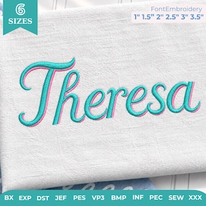 Puede incluir: Un diseño de bordado con el nombre Theresa en una fuente cursiva. Las letras son de color verde azulado con un contorno rosa, bordadas sobre un fondo de tela blanca. El texto incluye 6 tamaños: 2,54 cm, 3,81 cm, 5,08 cm, 6,35 cm, 7,62 cm y 8,89 cm.