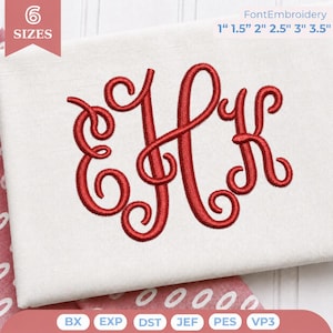 May include: A red embroidered monogram featuring the letters EHK in a cursive script style on a white fabric background. The text FontEmbroidery 1" 1.5" 2" 2.5" 3" 3.5" is visible in the corner, along with file formats BX, EXP, DST, JEF, PES, and VP3.