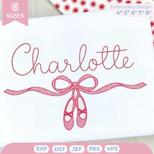 Ballet Bow Sketch Embroidery Design, Ballet Shoes Monogram Frame Machine Embroidery File, Girl Heirloom PES DST JEF VP3