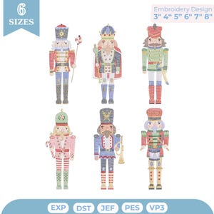 May include: Six embroidered nutcracker designs in various uniforms and colors, including red, blue, green, and pink. The figures hold items like a candy cane, trumpet, and drum. Text indicates 6 sizes from 3" to 8" and file formats EXP, DST, JEF, PES, VP3.