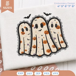May include: An embroidery design featuring three ghosts with black lace-style borders. The ghosts have a cream-coloured pattern with orange pumpkins, small purple flowers, and black bats. Text at the top reads 5 SIZES and Embroidery Design 4" 5" 6" 7" 8".
