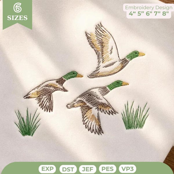 Mallard Ducks Sketch Embroidery Design, Flying Duck Hunting Machine Embroidery File, Vintage Marsh Grass Digital File PES DST JEF