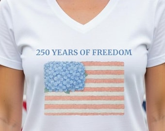 USA 250 Women's V-Neck Shirt - Semiquincentennial Freedom Floral Flag T-Shirt