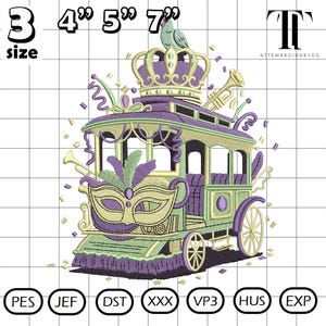 May include: An embroidered design of a Mardi Gras trolley car in shades of green, purple, and gold. The trolley features a crown, a mask, and musical instruments. The design is approximately 7.6 to 17.8 cm in size.
