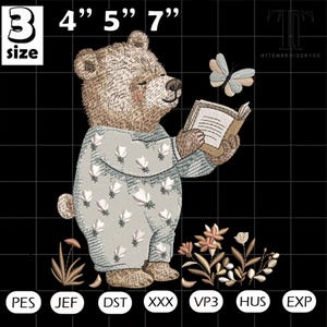 May include: An embroidered design of a bear reading a book, wearing pajamas with flower accents. A butterfly hovers nearby. The design includes size options of 3, 4, 5, and 7 inches.