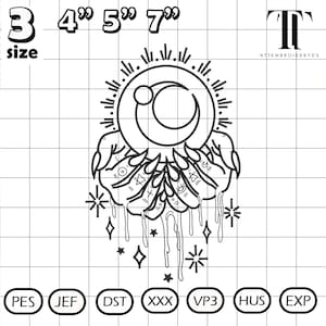 May include: Black and white digital design featuring a crescent moon and circle design held by hands, with dripping accents and star details. Sizes available: 3, 4, 5, and 7 inches. Includes the text "NTTEMBROIDERYDS".