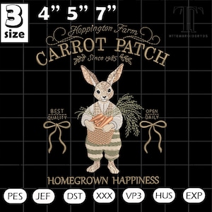 Può includere: Un ricamo con un coniglio che tiene un cesto di carote, con il testo "Carrot Patch" e "Homegrown Happiness". Il design è disponibile nelle misure di 7.6 cm, 10.2 cm, 12.7 cm e 17.8 cm.