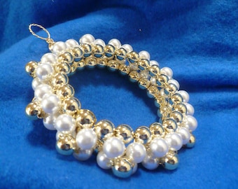 Handmade Beaded Large Orb Ornament, Pearl & Gold Accent