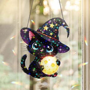 Black Cat Witch Suncatcher Halloween Acrylic Window Hanging, Cute Witch Cat with Moon Home Decor Star Hologram Ornament
