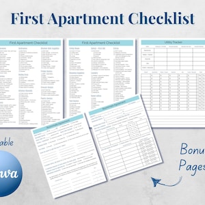 Puede incluir: Un conjunto de listas de verificación e formularios imprimibles para un primer apartamento. La imagen presenta tres páginas de "First Apartment Checklist", un "Utility Tracker" y dos formularios de "Roommate Agreement". La palabra "Editable" se muestra con un logotipo de Canva, y también se muestra "Bonus Pages!".