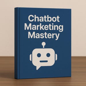 Op de afbeelding: Een hardcover boek met de titel "Chatbot Marketing Mastery" met een marineblauwe kaft. De kaft toont witte tekst en een wit robotpictogram met een tekstballon. Het boek staat op een houten oppervlak.