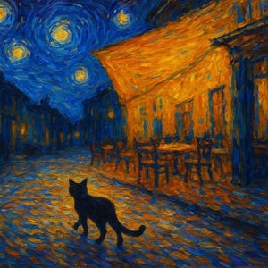 Imagine Trip: Eine schwarze Katze unter Van Goghs Sternennacht – Digitale Wandkunst
