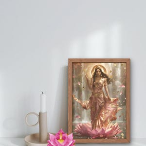 Goddess Lakshmi Waterfall Abundance | Divine Feminine Printable Wall Art in Rose Gold & Soft Glow | Spiritual Self Love Decor A4 A3