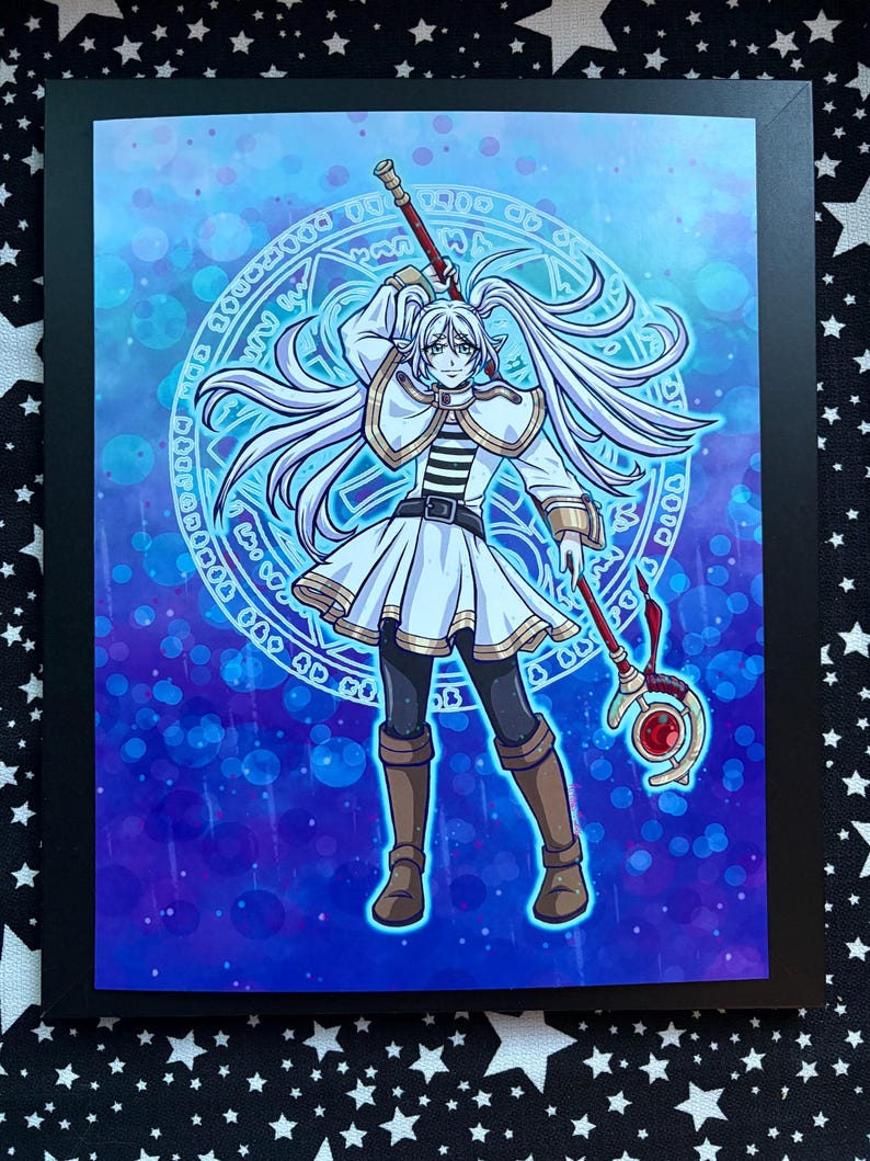 May include: Illustration of a character with long white hair, wearing a white and gold outfit, holding a staff with a red gem. The background is a blue gradient with a glowing circular design.
