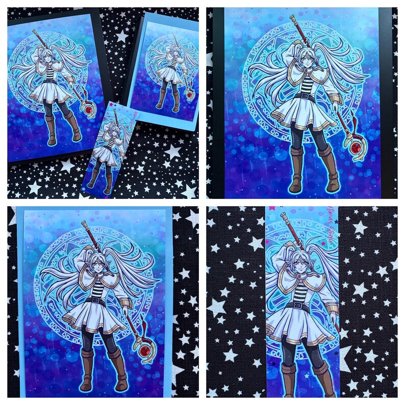 May include: Artwork of a female anime character with long white hair, wearing a white dress and holding a staff with a red gem. The background is a blue and purple design with a circular pattern. Available as prints and a bookmark.
