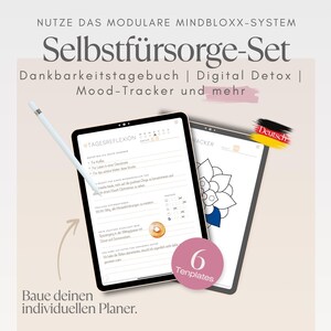 May include: Two tablets displaying a planner and a floral design, with a stylus. The text reads "Self-Care Set" and "6 Templates". The tablets are on a light pink background. The image promotes a digital planner system.
