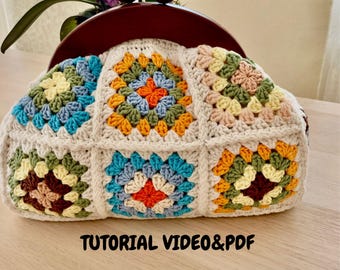 Crochet Granny Square Clutch-Vintage Kiss Lock Frame Purse,Boho Handmade Evening Bag Gift for Her