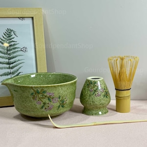 Sakura Green Ceramic Matcha Bowl Set With Spout, Bamboo Whisk And Chasen Holder, Handmade Vintage Green Glaze Matcha Set Gift, 450ml