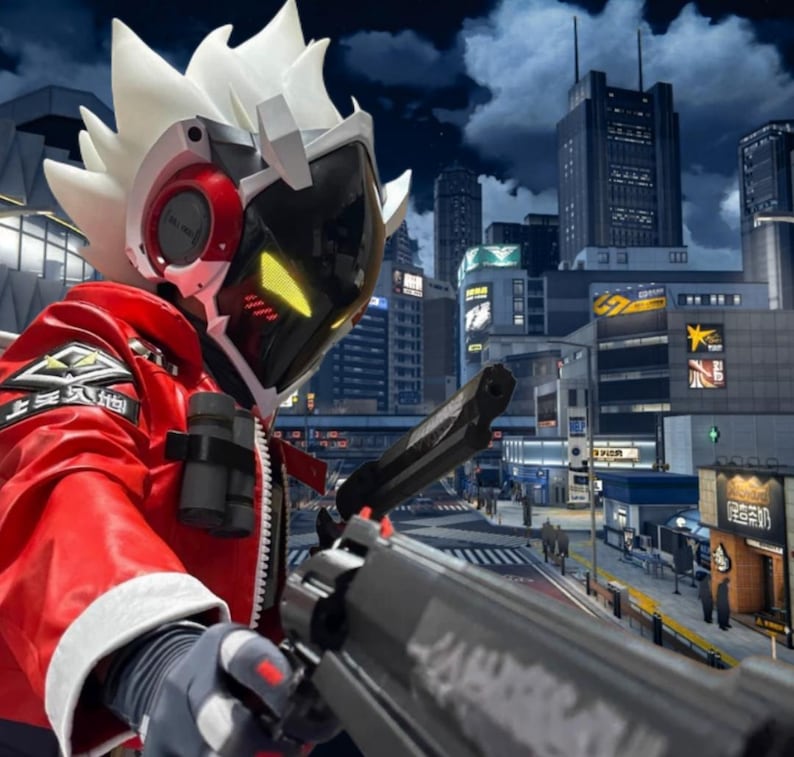 May include: A person wearing a futuristic helmet and red jacket, holding a black gun. The helmet is white, black, and red with yellow accents. The background shows a cityscape under a cloudy night sky.
