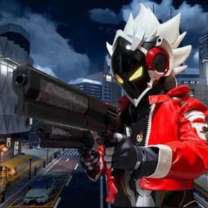 May include: A person in a futuristic costume, holding two black handguns. The costume features a red jacket, a white and black helmet with yellow glowing eyes, and a black visor. The background shows a city at night.