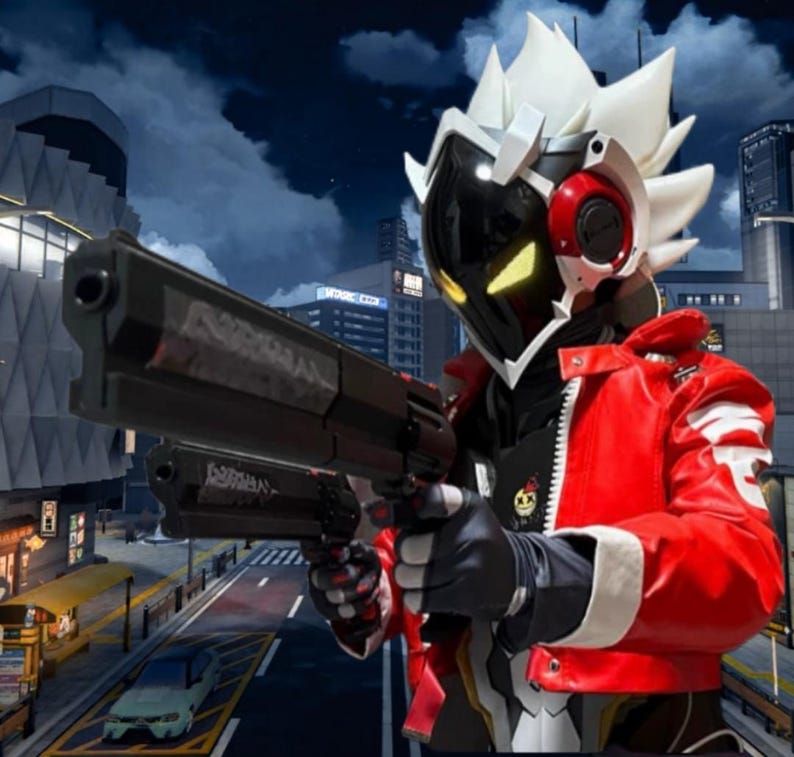 May include: A person in a futuristic costume, holding two black handguns. The costume features a red jacket, a white and black helmet with yellow glowing eyes, and a black visor. The background shows a city at night.