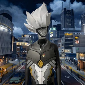 May include: A futuristic cosplay costume featuring a stylized white headpiece and a dark gray and yellow chest plate. The mannequin is set against a cityscape backdrop, creating a sci-fi aesthetic. The costume includes a mesh face covering.