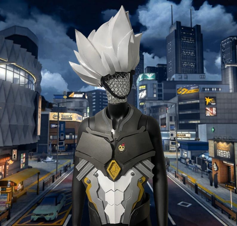 May include: A futuristic cosplay costume featuring a stylized white headpiece and a dark gray and yellow chest plate. The mannequin is set against a cityscape backdrop, creating a sci-fi aesthetic. The costume includes a mesh face covering.