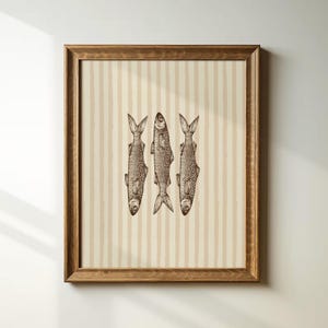Striped Sardine Tin Art, Vintage Coastal Fish Print, Nautical Kitchen Wall Decor, Retro Seafood Poster, Beach House Gift, Tan and White