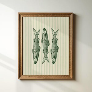 Striped Sardine Tin Art, Vintage Coastal Fish Print, Nautical Kitchen Wall Decor, Retro Seafood Poster, Beach House Gift, Green and White