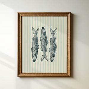Striped Sardine Tin Art, Vintage Coastal Fish Print, Nautical Kitchen Wall Decor, Retro Seafood Poster, Beach House Gift, Blue and White