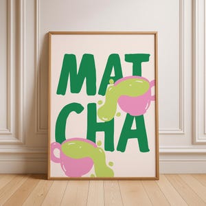Retro Matcha Typography Print, Matcha Art Wall Decor, Matcha Lover Gift, Pink and Green Kitchen Poster, Tea Illustration, Digital Download