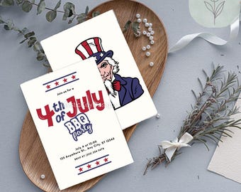 Vintage 4th of July BBQ Invitation | Uncle Sam Party Invite | Patriotic Canva Template | Editable Digital Download